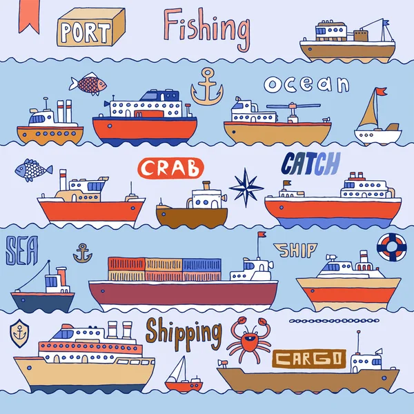 Ships in port doodle set — Stock Vector