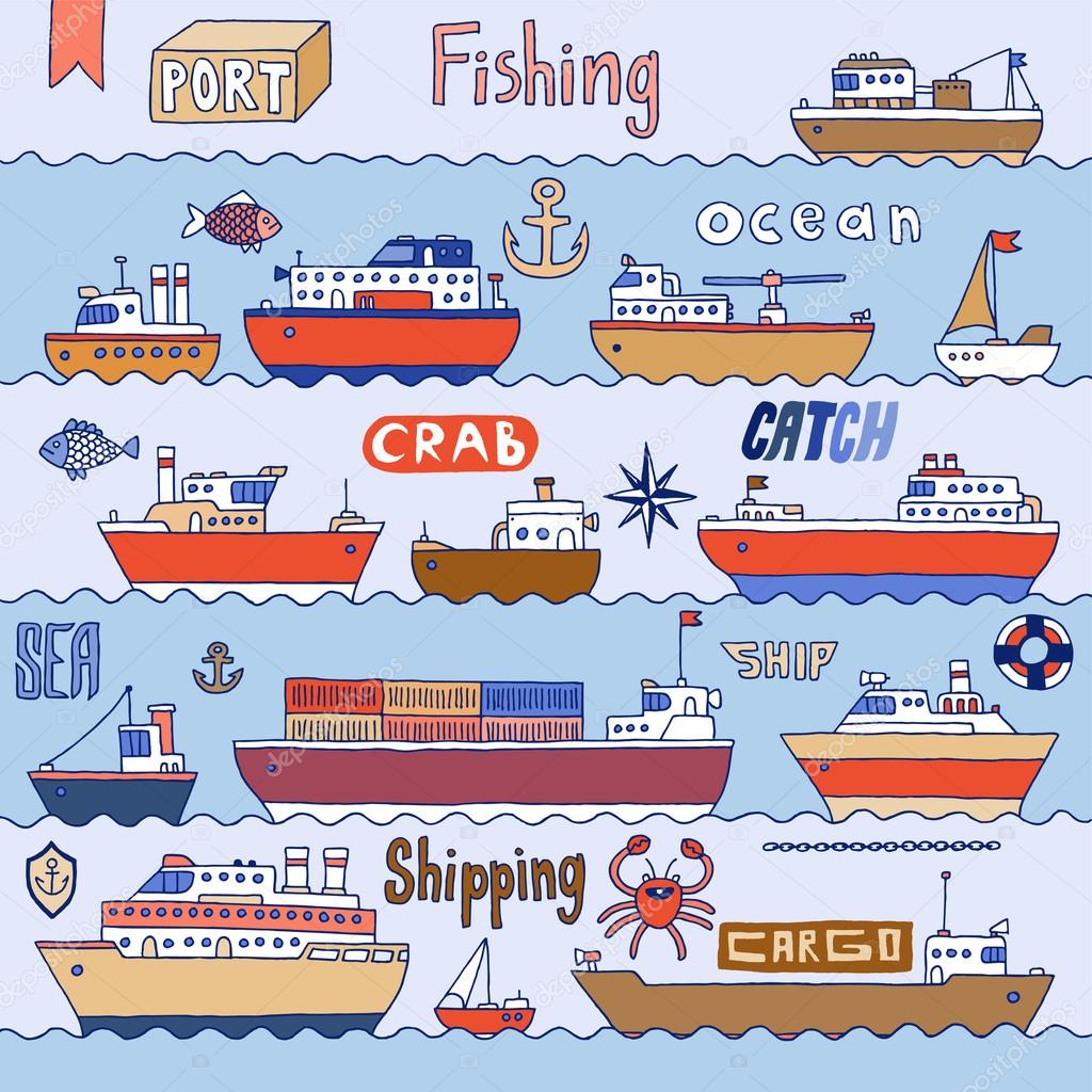 Ships in port doodle set