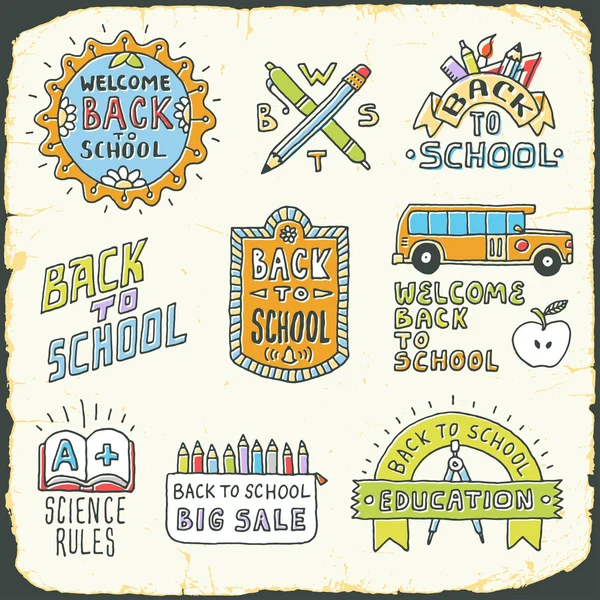 Zpátky do školy barevné doodle nápis značky — Stockový vektor