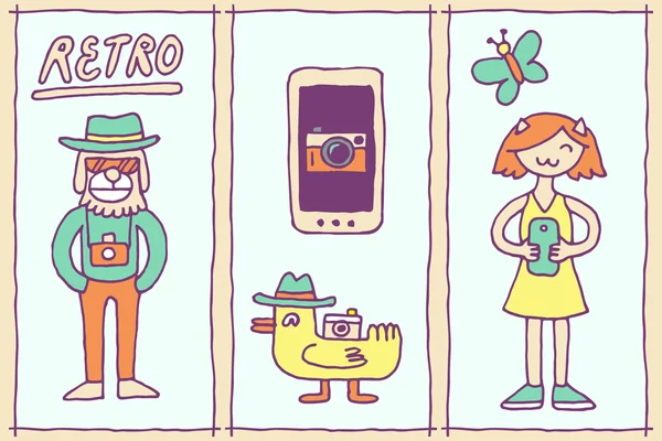 Hipster doodles selfie renkli karanlık — Stok Vektör