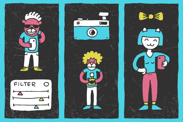 Hipster garabatos selfie colorido en la oscuridad — Vector de stock