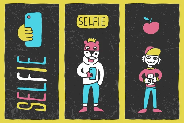 Hipster garabatos selfie colorido en la oscuridad — Vector de stock