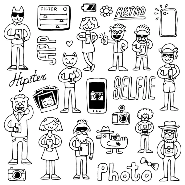 Conjunto de selfies Hipster doodles — Vetor de Stock