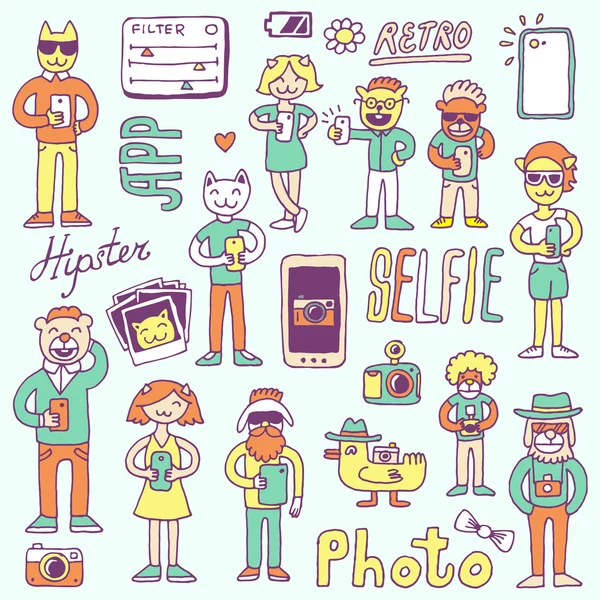 Hipster gribouille selfie set — Image vectorielle
