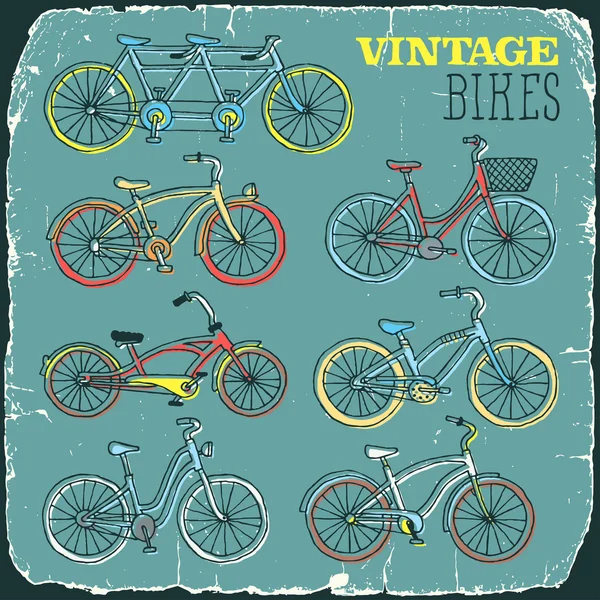 Conjunto de bicicletas retro vintage doodle impresión en la tarjeta de cartón viejo — Archivo Imágenes Vectoriales