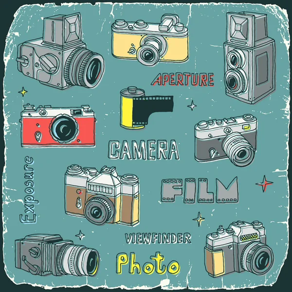 Vintage filme câmeras doodle set — Vetor de Stock