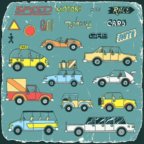 Vintage cars doodle set print on old carton card — Stock Vector