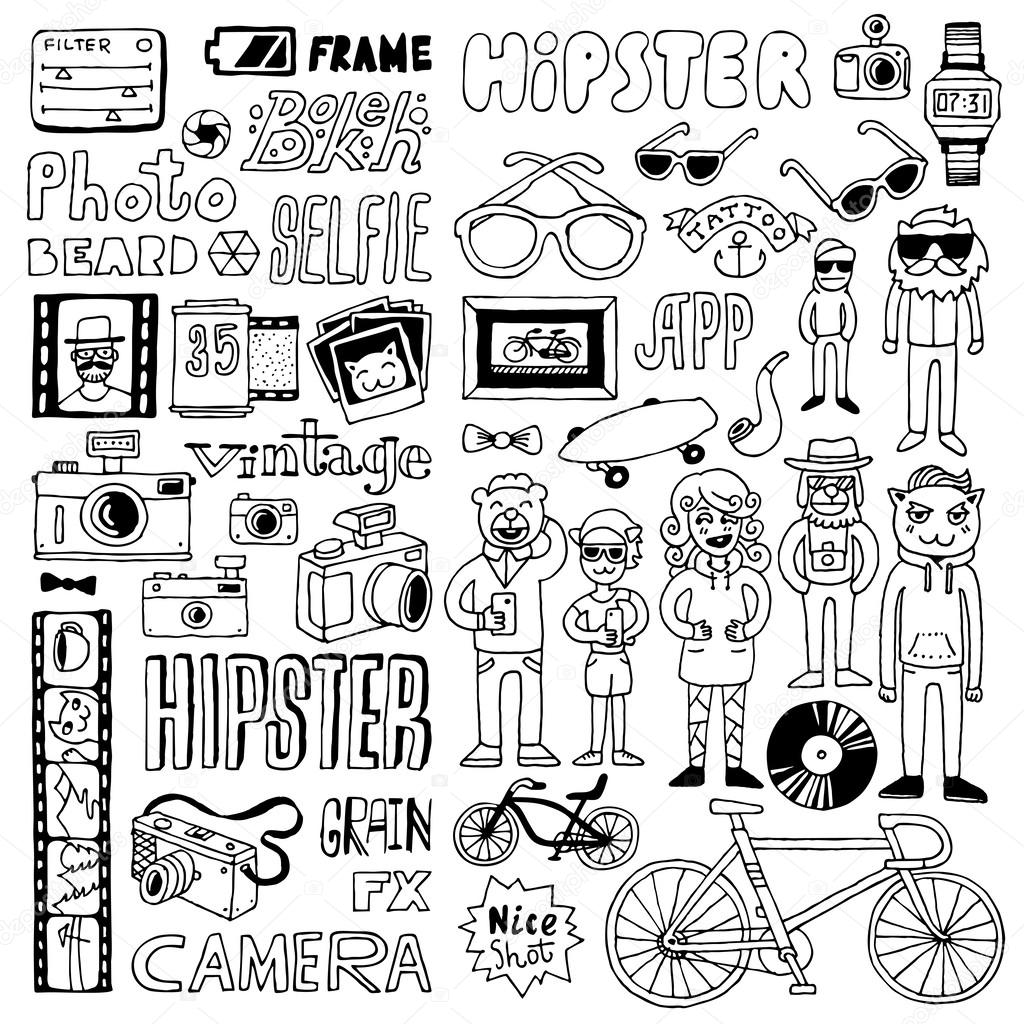 Funny colorful on dark hipsters doodle set