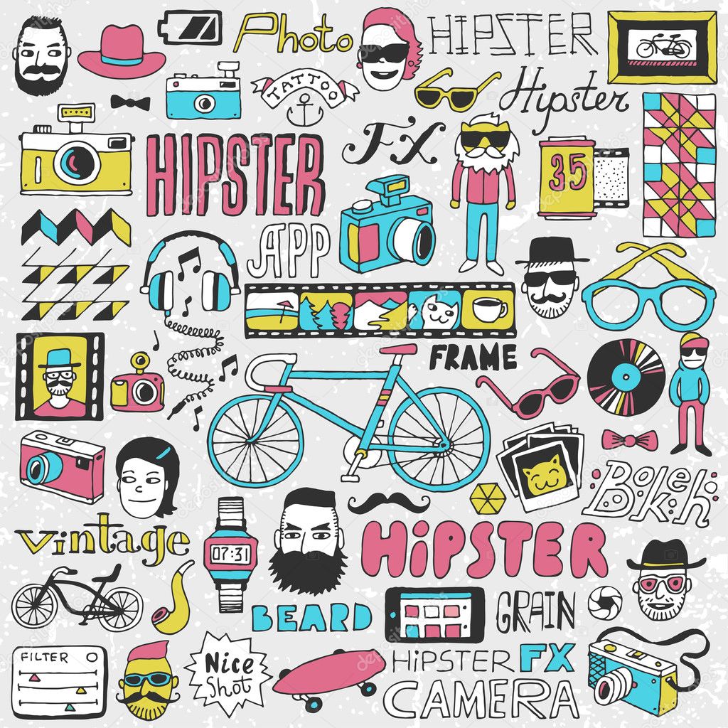 Hipster lifestyle colorful doodle set