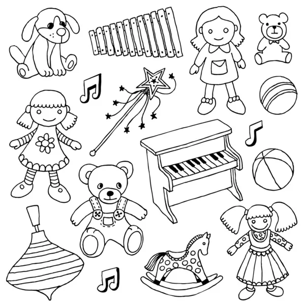 Hand drawn doodle girls toys set — Stock Vector