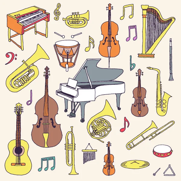 Instruments de musique colorés dessinés à la main . — Image vectorielle