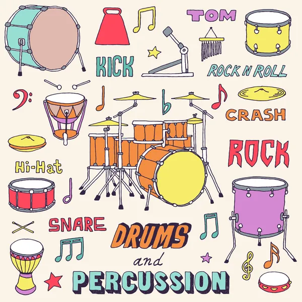 Instruments de musique colorés dessinés à la main . — Image vectorielle