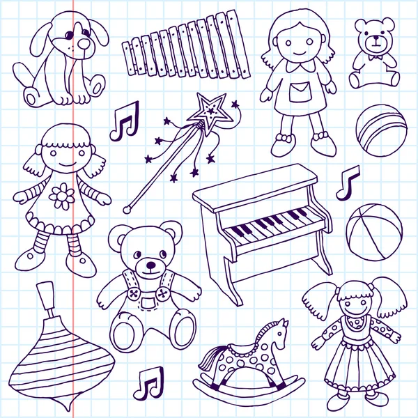 Mano dibujado doodle niñas juguetes conjunto — Vector de stock