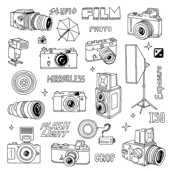 Conjunto de garabatos fotográficos dibujados a mano — Vector de stock