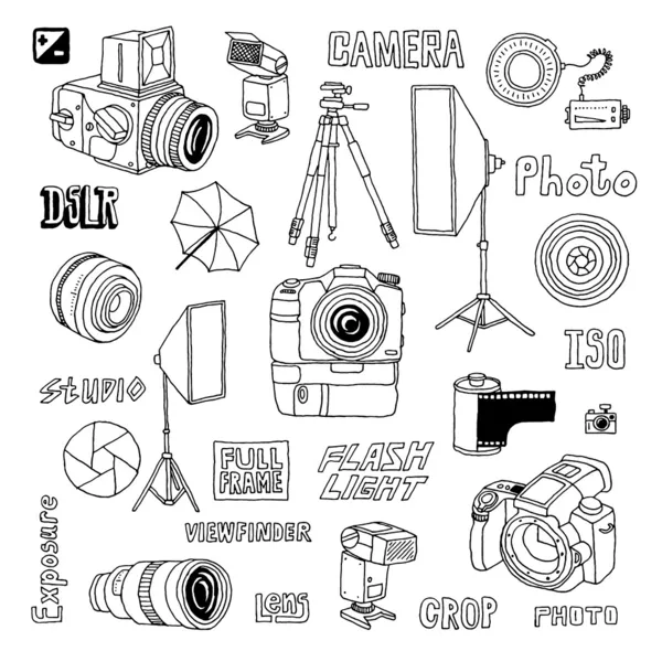 Conjunto de cámaras fotográficas de película dibujada a mano — Vector de stock