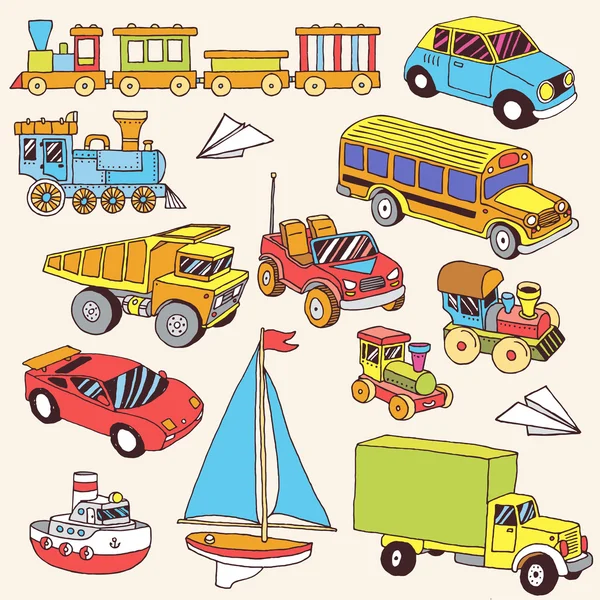 Ensemble de jouets de transport colorés dessinés à la main — Image vectorielle