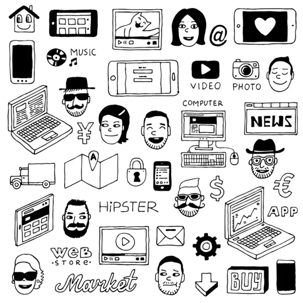 Hipster dispositivos de Internet doodle conjunto — Archivo Imágenes Vectoriales