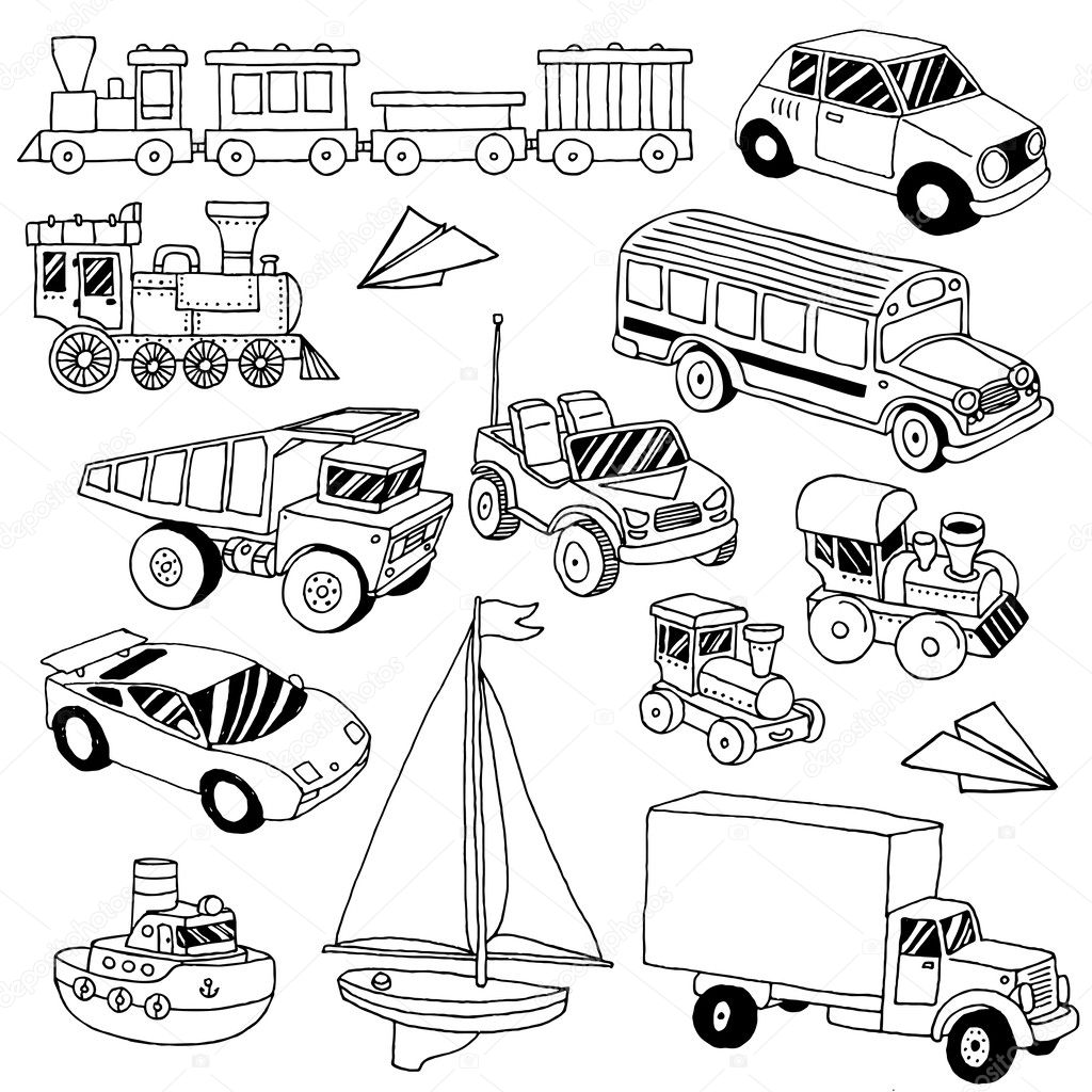 Hand drawn doodle transport toys set