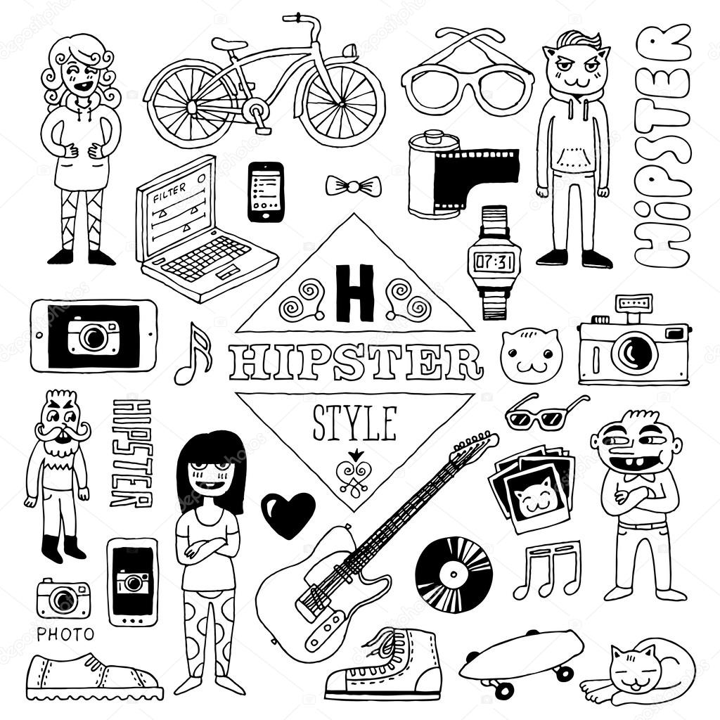 Hand drawn hipster style doodle set