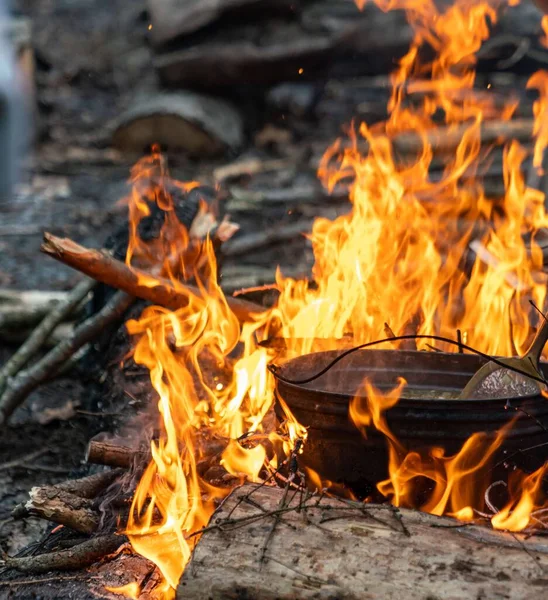 Cuisiner Nourriture Sur Feu Camp Dans Les Bois Dans Nature — Photo