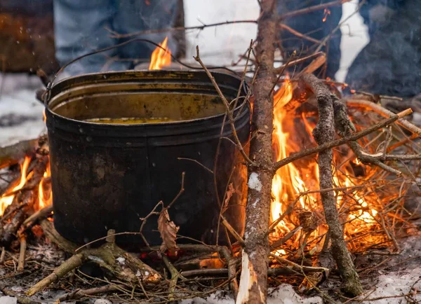 Cuisiner Nourriture Sur Feu Camp Dans Les Bois Dans Nature — Photo