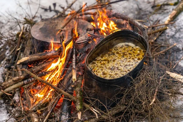 Cuisiner Nourriture Sur Feu Camp Dans Les Bois Dans Nature — Photo