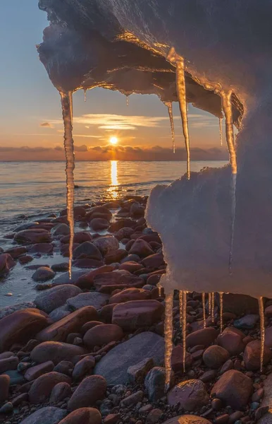 Neve Gelo Sol Costa Mar Norte Inverno — Fotografia de Stock