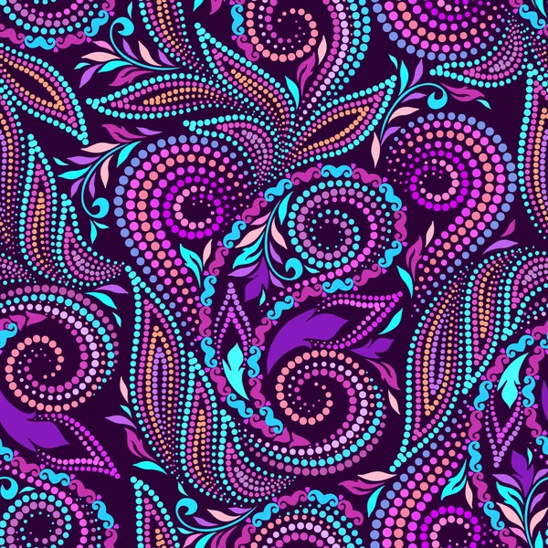 Nahtloses traditionelles Muster mit Paisley und Punkten. Lila helle ethnische Ornamente. Vektordruck. Verwendung für Tapeten, Musterfüllungen, Textildesign. — Stockvektor