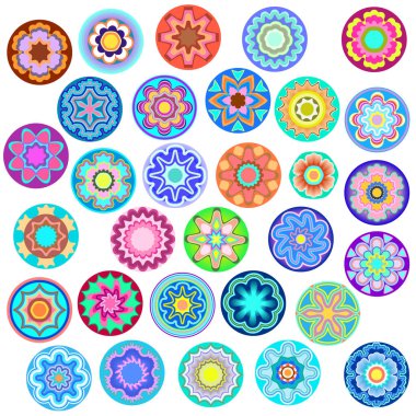 Millefiori - renkli cam boncuklar. Soyut mozaik desen - beyaz arkaplanda izole edilmiş nesneler. Tasarım için vektör ayarlandı.