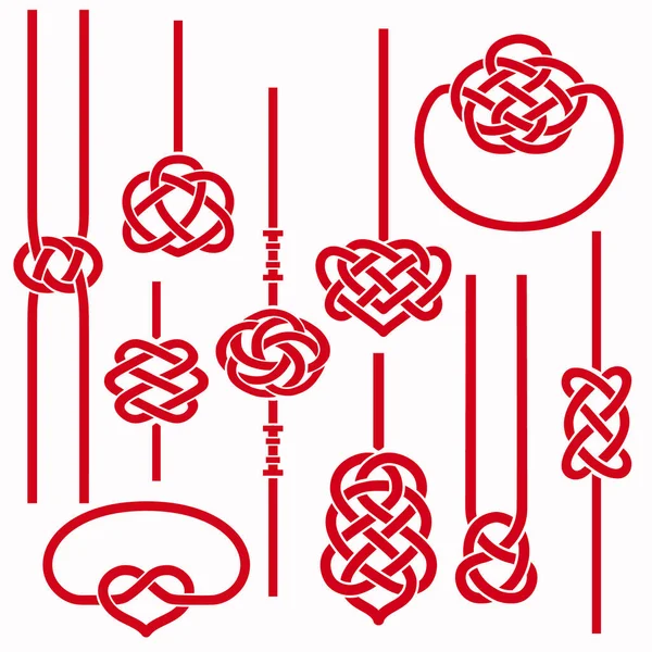 Tresse Rayures Chinoises Symboles Gabarit Rouge Noeuds Coeur Fleur Infinité — Image vectorielle