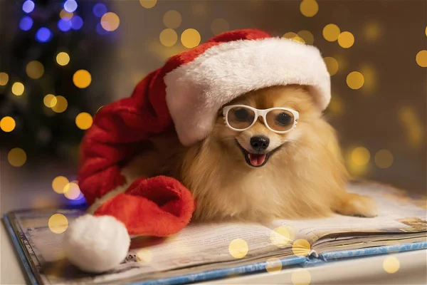 Noel Baba şapkalı ve gözlüklü Spitz köpeği bir Noel ağacının arka planına ve ışıklarına karşı bir kitabın üzerine uzanır.