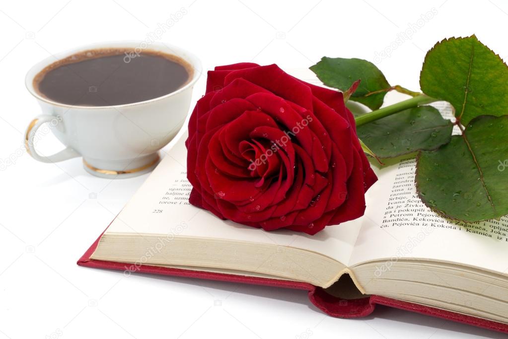 Open book with beautiful red rose and cup of coffee