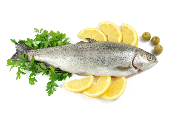 Fresh trout with parsley, lemon and olives isolated on white — Stock Photo, Image