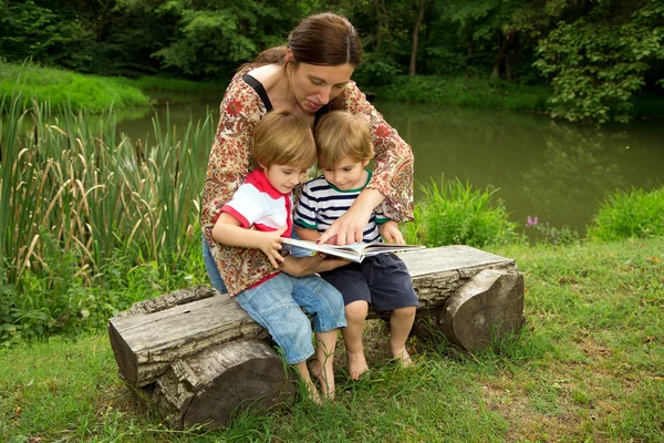 Kedves anya olvasó egy könyv, hogy ő imádnivaló kis iker fia ülve, kívül szép tó közelében — Stock Fotó