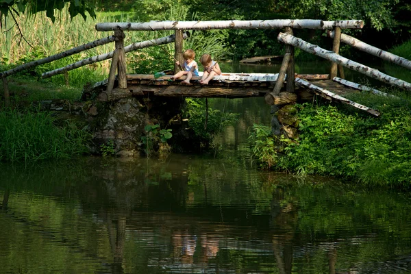 Adorable Little Twin Brothers Sitting on the Edge of Wooden Bridge and Fishing on Beautiful Lake — Stock Photo, Image