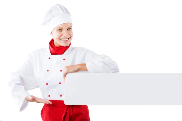 Chef allegro che mostra striscione. Isolato su bianco. menu concettuale — Foto Stock