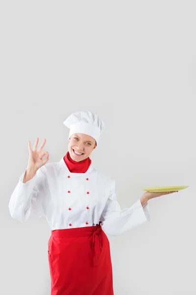 Professionele chef-kok van mooie vrouw. — Stockfoto
