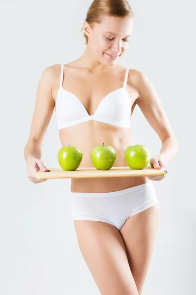 Taned felice donna in forma. Dieta, stile di vita sano e cura del corpo con — Foto Stock