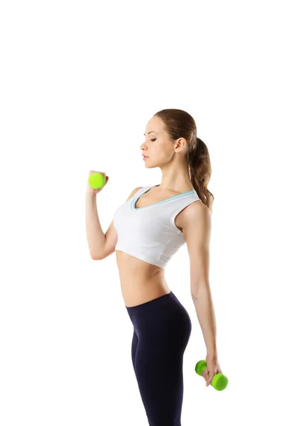 Retrato de mujer joven fitness con pesas — Foto de Stock