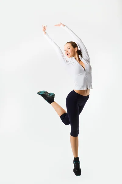Pérdida de peso mujer fitness saltar de alegría. Modelo femenino caucásico —  Fotos de Stock