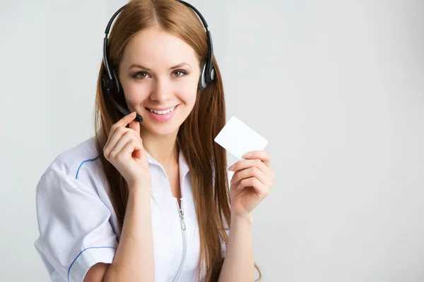 Woman customer service worker, call center smiling operator with — Stock Photo, Image