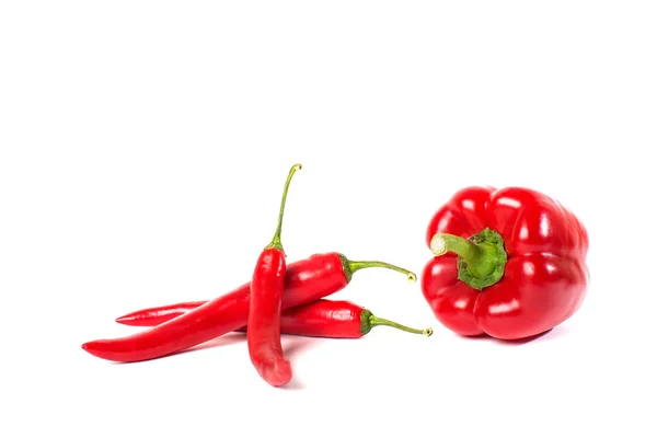 Röd paprika (paprika) och hot chili peppar isolerad på vit bakgrund — Stockfoto