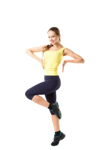 Sport fitness woman, young healthy girl doing exercises, full length portrait isolated over white background — Stock Photo, Image