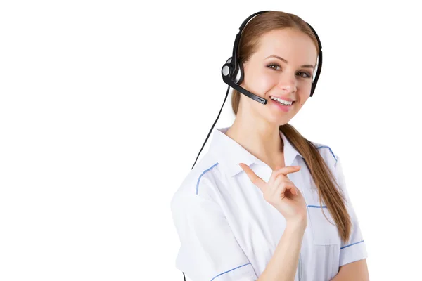 Mulher trabalhador de atendimento ao cliente, call center operador sorrindo — Fotografia de Stock