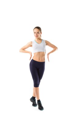 tam vücut spor giyim, beyaz zemin üzerine izole kadın portresi