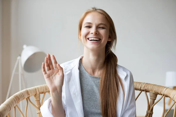 Happy Woman Smiling Waving Hand Looking Camera Greeting Friends Relatives — Fotografia de Stock