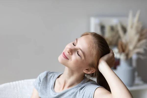 Happy Smiling Woman Stress Free Close Portrait Cute Girl Closed — Fotografia de Stock