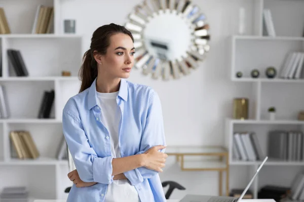 Confident Business Woman Blue Shirt Folded Arms Home Office Looking — Stockfoto