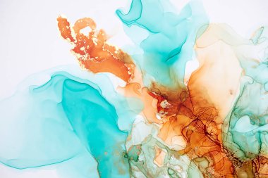 Alcohol ink abstract. Aquamarine, blue, tidewater green gold pigment. Sea waves wallpaper. 