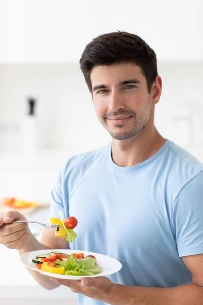 Handsome Young Man Eating Healthy Food Lunch Break Plate Enjoying — Stock Photo, Image